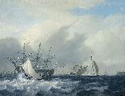 Nicolaas Baur Warship 'Amsterdam' on the IJ before Amsterdam Sweden oil painting artist
